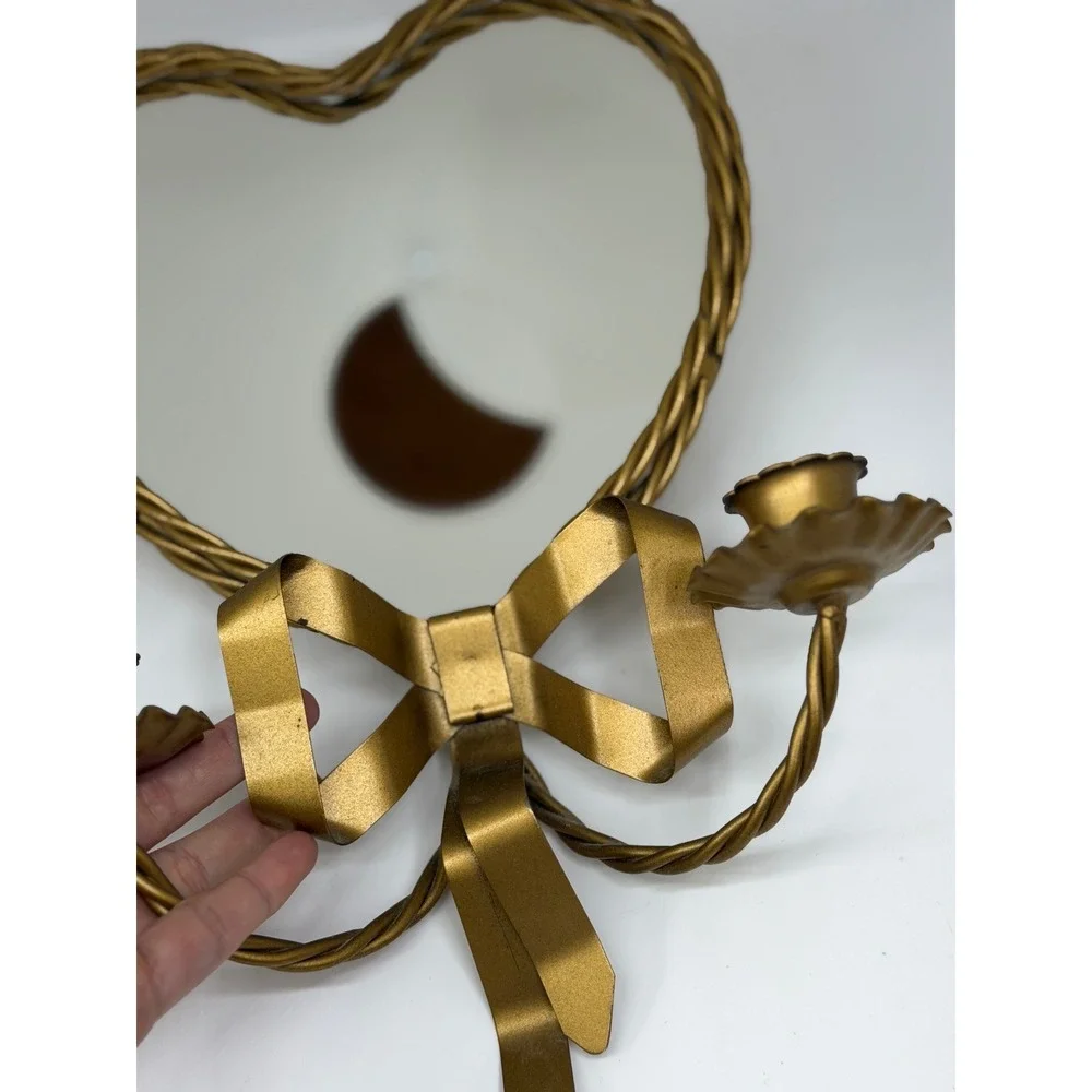 VTG Heart Mirror Candle Sconce Gold Bow Ribbon Twisted Metal‎ Hollywood Regency
